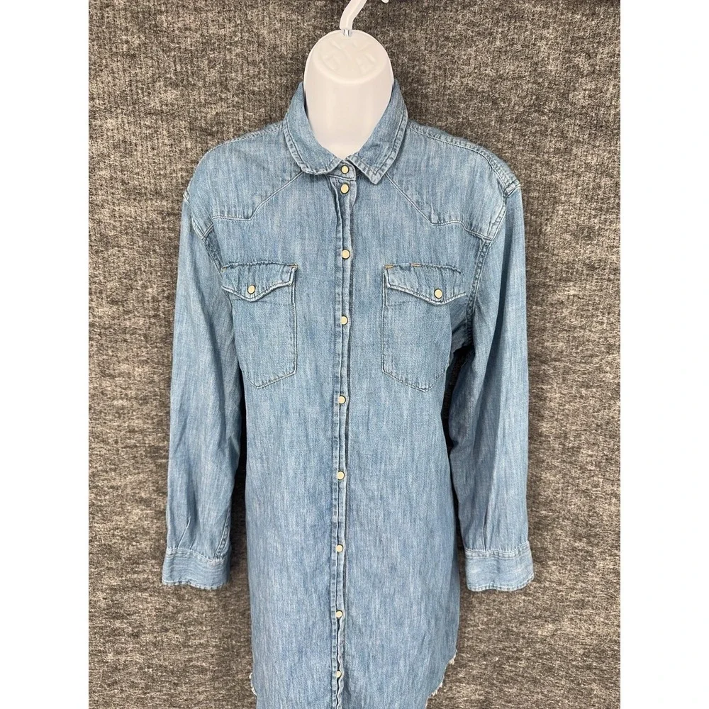 AllSaints Shirt Dress Womens L Blue Zelda Denim Western Button Front Frayed Hem